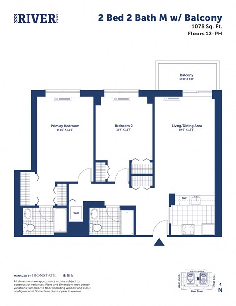 Floor plan for 2 beds, 2 baths, 1078 sqft